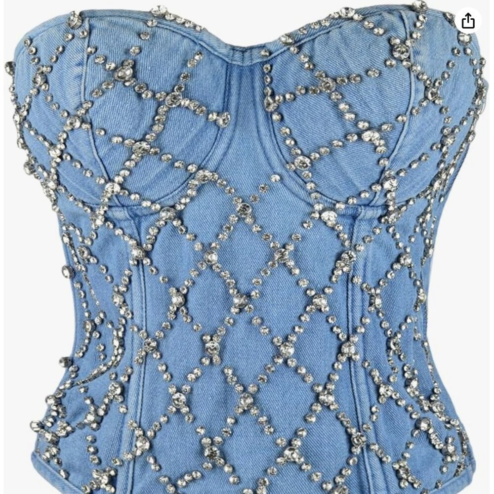 Women's Denim Rhinestone Corset Top
